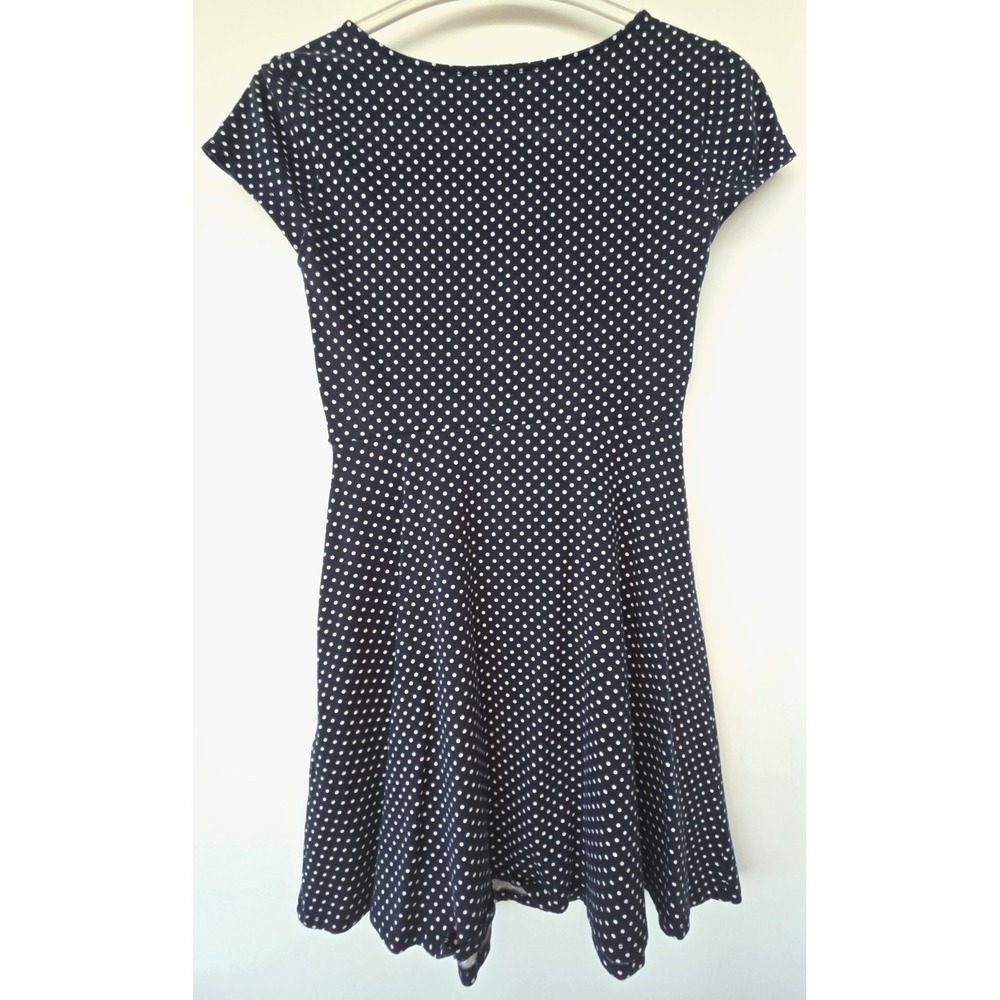 Vtg Style Forever 21 Dress Front Ribbon Polka Dots Navy Blue Short Sleeves Sz M